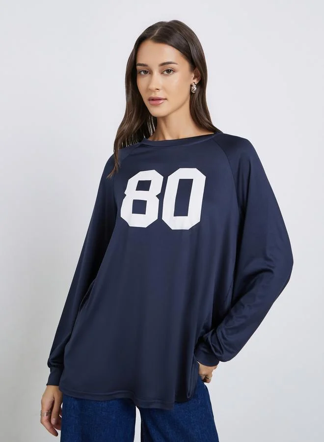 Styli Dark Blue Oversized Graphic Print T-Shirt